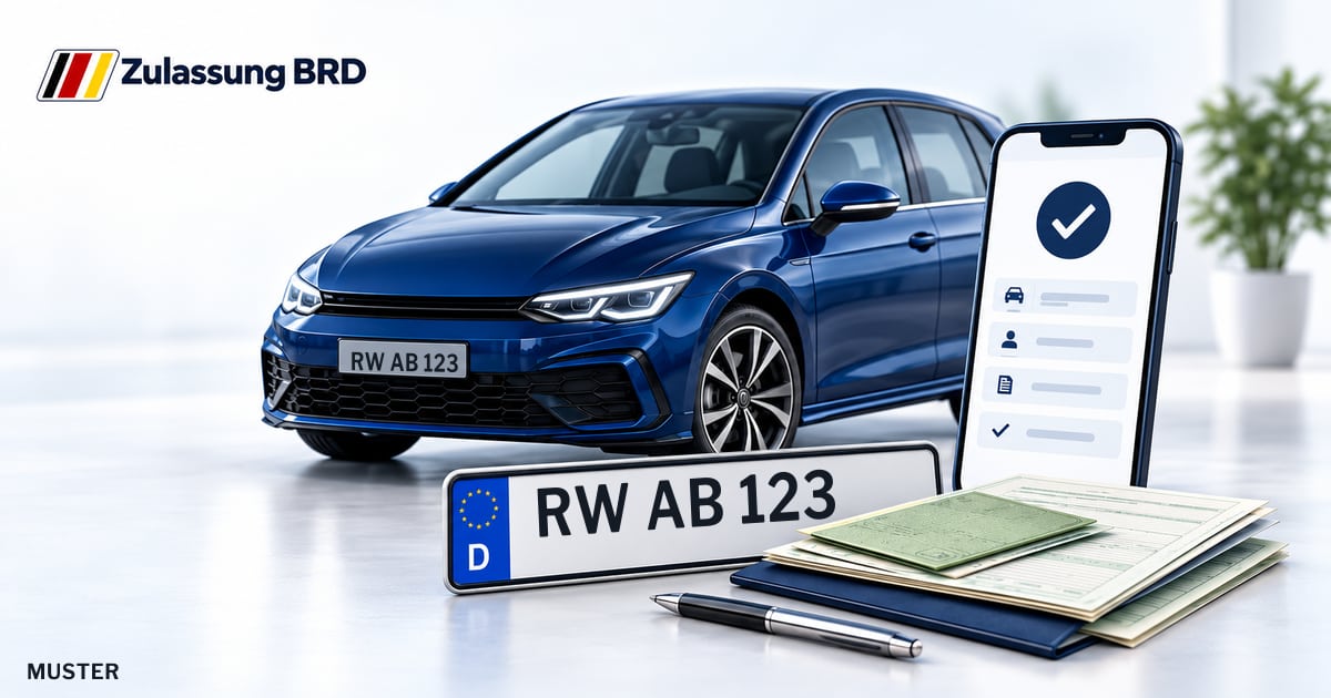 Online Fahrzeugzulassung in Schramberg: Musterkennzeichen RW AB 123, Auto und Fahrzeugpapiere und Smartphone. Illustration mit Logo von Zulassung BRD.